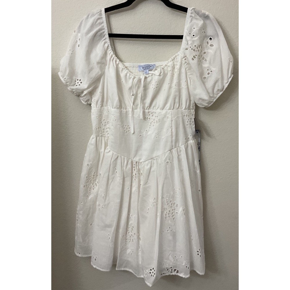 Celebrity‎ Pink Bridgerton White Eyelet Puff Sleeve Mini Dress Size L New NWT